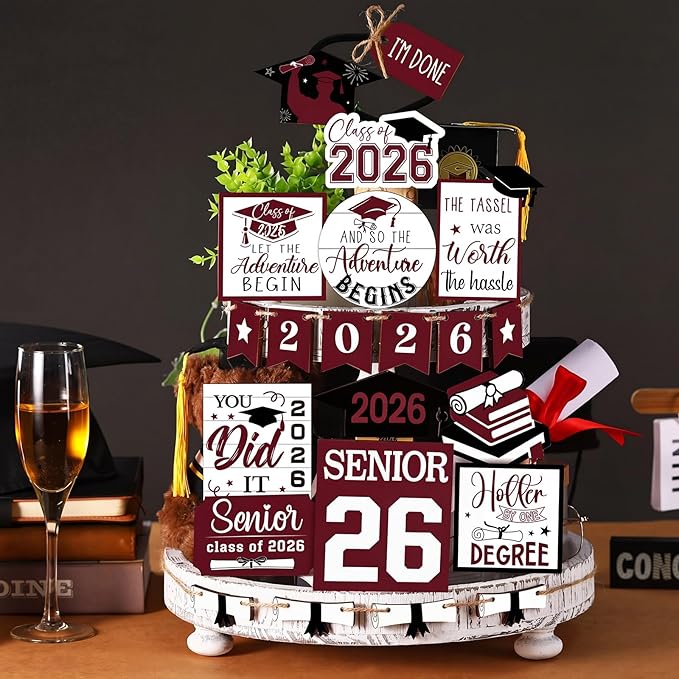 22 Pcs 2026 Graduation Tiered Tray Decor Sets Wooden Graduation Class of 2026 Table Decorations Senior 2026 Gown Diploma Farmhouse Signs for Home Shelf Party Office Desk(Dark Red)