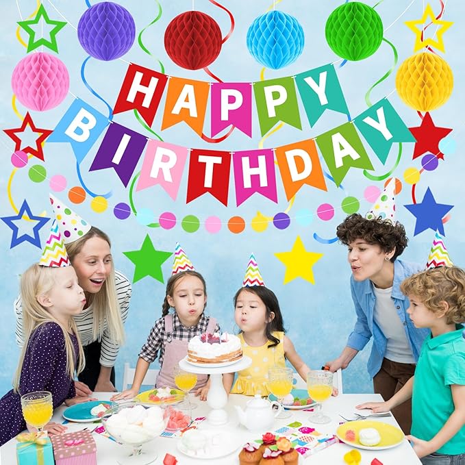 Happy Birthday Banner, Rainbow Birthday Decorations Set with 6 Honeycomb Balls, 8 Star Hanging Swirl Streamers, Circle Dots Garland Perfect for Women, Men, Boys, Girls
