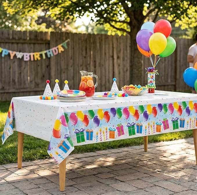 Party Dimensions Birthday Party Plastic Table Cover, Disposable Tablecloths with Balloons & Candles Design, 54" x 96", 12-Pack, Perfect for Birthday Parties