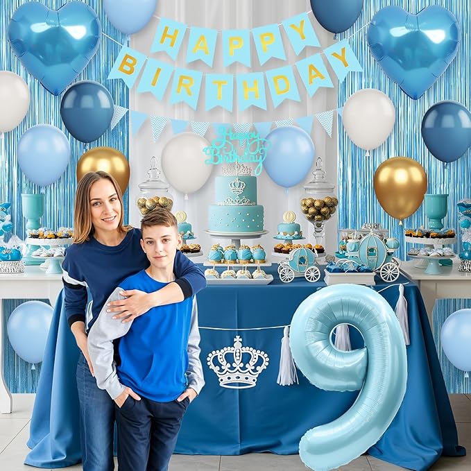 9th Birthday Decorations Blue White Gold,9th Birthday Balloons with Happy Birthday Banner Fringe Curtain Heart Foil Balloons for Boys Girls 9 Year Old Birthday Decor