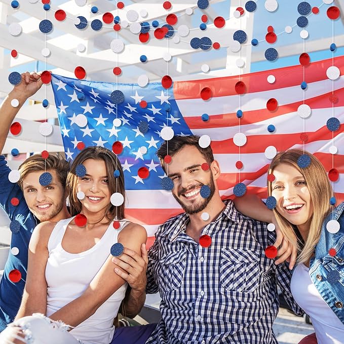 Outus 10 Pieces Blue,White,Red Round Dots Garland Easter Graduation Party Hanging Decor Each Length 13.1ft Glitter Paper Dot Streamers for Birthday Wedding Classroom