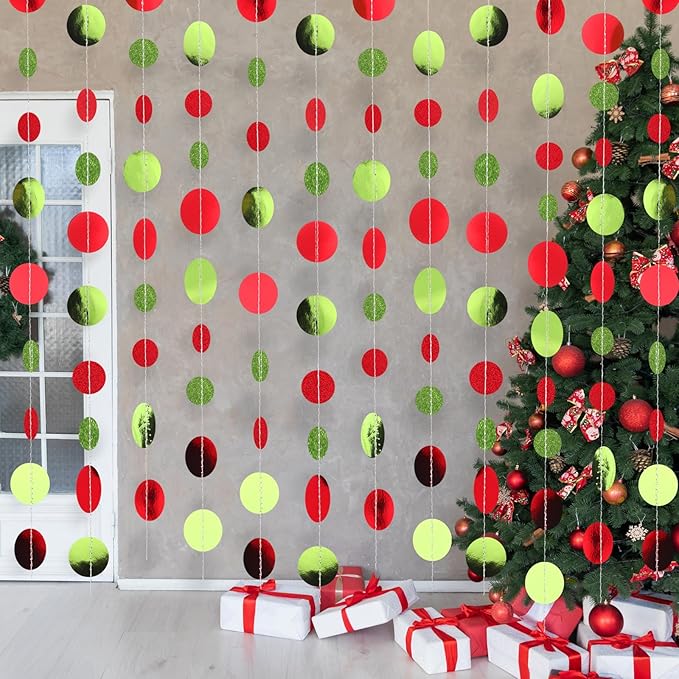 Syhood 10 Pcs Party Decorations Paper Dot Circle Garlands Glitter Streamers Hanging Banner Decor for New Year Baby Shower Wedding Birthday Backdrop Supplies (Red and Green)