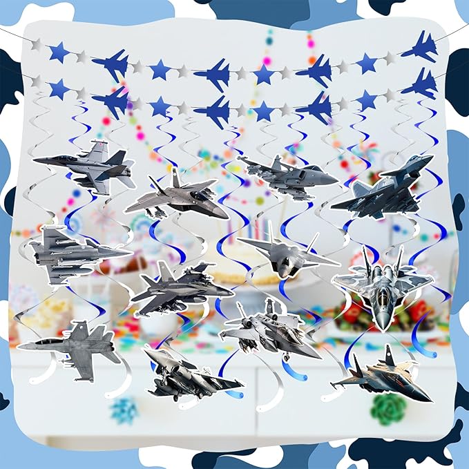 26 Pcs Airplane Party Supplies Air Force Banner Garland Hanging Swirls Fighter Jet Party Decoration for Birthday Retirement Airplane Whirls Ceiling Swirls Streamers Aviation Decoration