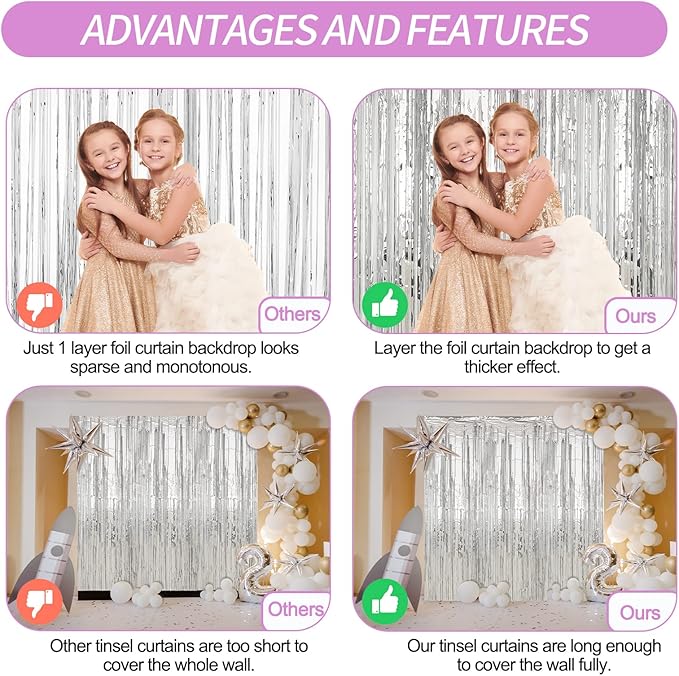 Crosize 4 Pack 3.3 x 9.9 ft Silver Foil Fringe Curtains Party Decorations, Silver Tinsel Curtain Backdrop for Parties, Door Streamers, Glitter Streamer Fringe Backdrop for Birthday Decoration