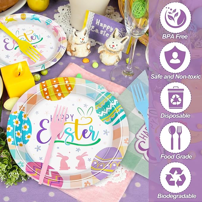 120 PCS Easter Party Decorations, 30 Set 9" Dinner Plates 7" Dessert Plates Paper Napkins Forks Set, Disposable Paper Plates Happy Easter Plates Bunny Egg Party Dinnerware Tableware Party Supplies