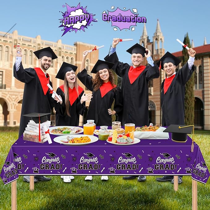 2 Pack Graduation Tablecloth - Congrats Grad Table Cloths, Plastic Disposable Rectangle Purple Class of 2026 Table Cover for Graduation Tables Decorations Party Decor Supplies Favors,108 x 54 Inch