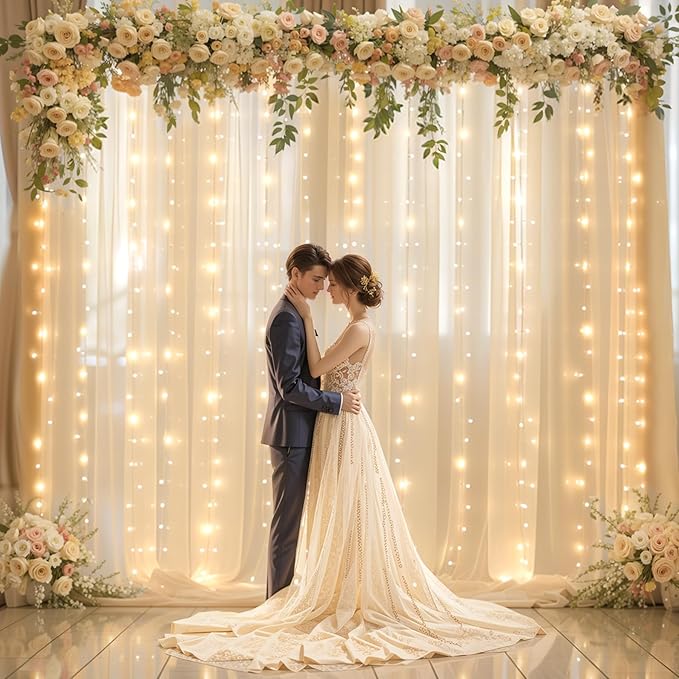 10x10ft Champagne Backdrop Curtain with Lights String for Wedding Sheer Tulle Chiffon Curtain Photo Backdrops Drapes for Baby Shower Birthday Party Home Ceremony Decorations