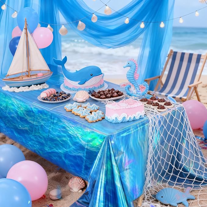 3-Pack Iridescent Wave Pattern Tablecloths, Holographic Shimmering Ocean Blue Disposable Tablecloths, 54 Inches x 108 Inches, Perfect for Summer Beaches, Birthdays, and Pool Party Decorations