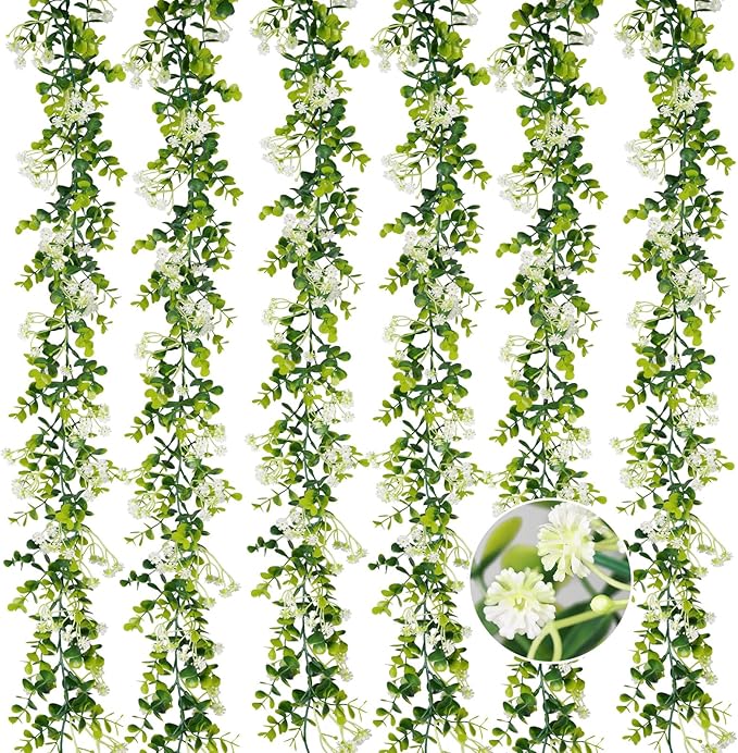 6FT Eucalyptus Garland with Flowers, 6 Pack Artificial Greenery Garland Hanging Spring Eucalyptus Garland Suitable for Table Wedding Backdrop Arch Wall Party UV Protected Indoor Outdoor Decor