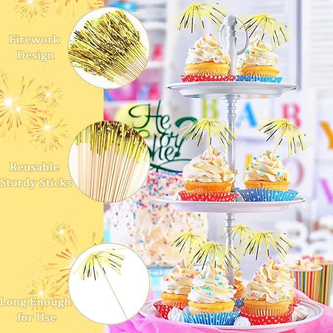 200Pcs Gold Cupcake Toppers, New Years Firework Cocktail Picks Gold Party Table Decorations Firework Toothpicks Fruit Skewers for Happy New Year Party Decorations Halloween Graduation Events