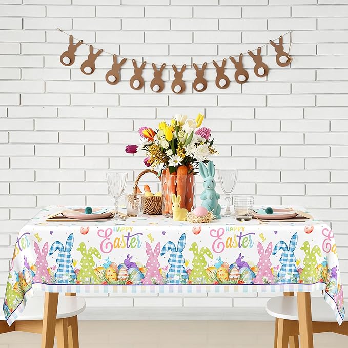 2 Pack Easter Tablecloth, 54" x 108" Easter Decorations, Rectangular Spring Tablecloths for Party Supplies, Colorful Eggs Bunny Flower Disposable Plastic Table Cloths for Easter Decorations for Home