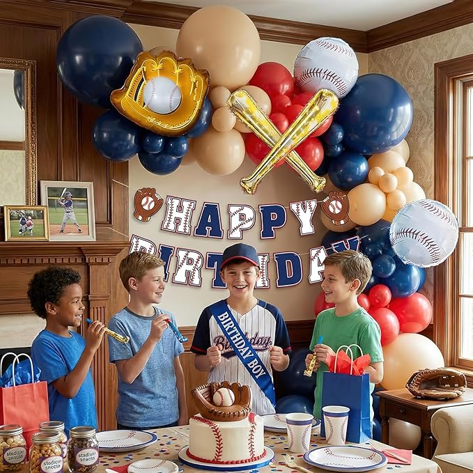 Baseball Birthday Party Decorations Navy Blue Red Nude Balloon Arch With Baseball Bat & Glove Balloons and Happy Birthday Banner For Sports Rookie year 1st birthday Baby Shower Supplies Decoration