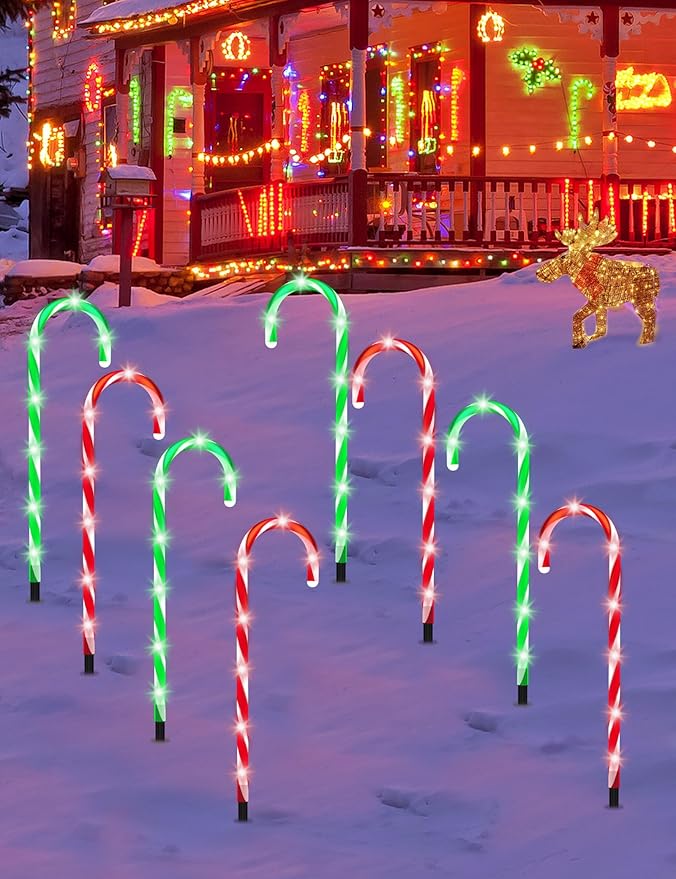 Christmas Candy Cane Pathway Markers Lights, Outdoor Christmas Decorations for Yard Patio Porch Garden Walkway, Candy Cane Christmas Decor with 48 LED, 8 Pack (Red & Green)