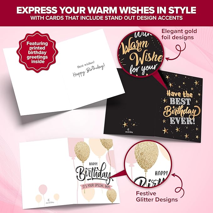 Decorably 24 Pack Foil and Glittery 6x4in Assorted Birthday Cards with Envelopes and Stickers, 24 Unique Festive Designs for Friends, Family, Loved Ones, with Printed Message Inside - Gifting, Mailing