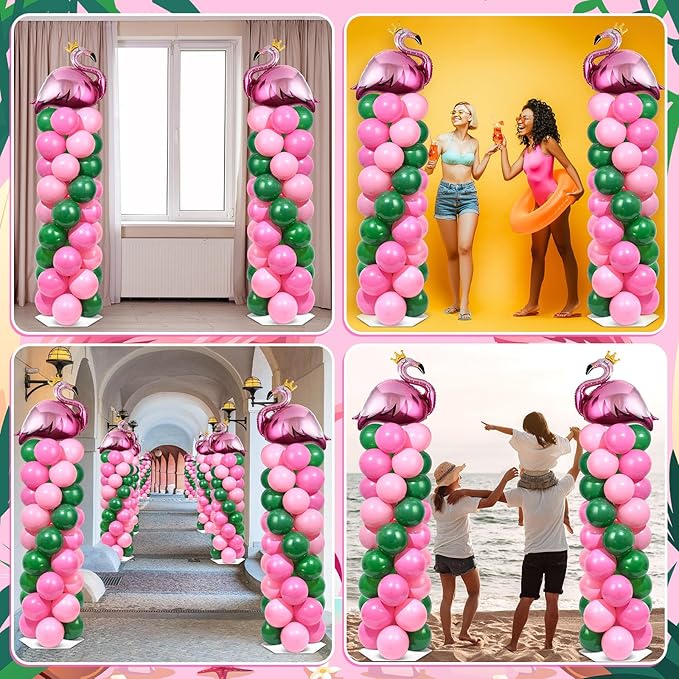 2 Sets Tropical Flamingo Balloon Column Stand Kit with 102 Pink Green Flamingo Foil Balloons Animal 5.57ft Adjustable Balloon Tower Stand with Bases Adjustable Arch Column for Luau Party Decor