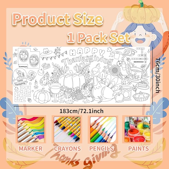30 x 72 Inches Thanksgiving Giant Coloring Poster/Tablecloth, Paper Table Cover, Jumbo Paper Coloring Banner Games Activities for Kids Gifts, Thanksgiving Party Decorations