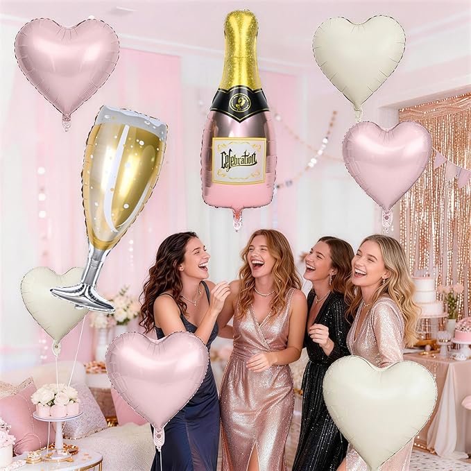 Champagne Balloons, Bachelorette Party Balloons with Champagne Bottle Glass Foil Mylar Balloon Pink Beige Heart Shaped Balloon for Engagement Birthday Bridal Shower Wedding Anniversary Decorations