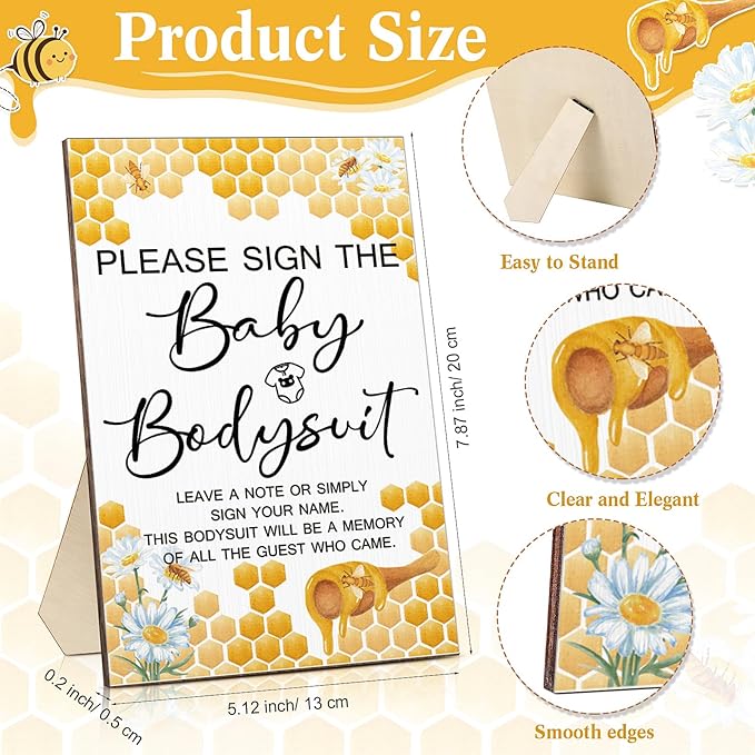 Qunclay 12 Pcs Baby Shower Game Decor with White Unisex Bodysuit Wooden Sign Tabletop Decor and Marker for Guests(Bee)