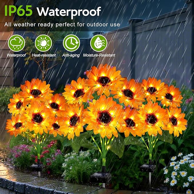 Solar Sunflower Lights Outdoor Garden Decor, 6 Pack Solar Flowers Lights with 36 Sunflowers, Waterproof Decorative Stake Lights Auto ON/Off for Garden Yard Patio Backyard