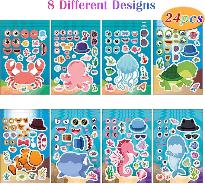 24 Sheets Sea Animals Make a Face Sticker Sheets for Kids Todders Activities, Make Your Own Stickers for Kids Birthday Party Favor Supplies Craft
