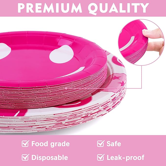 durony 144 Pieces Preppy Birthday Decorations Pink Smile Face Tableware Set Preppy Smile Plates Cups Napkin and Forks for Bachelorette Smiley Face Birthday Party Supplies
