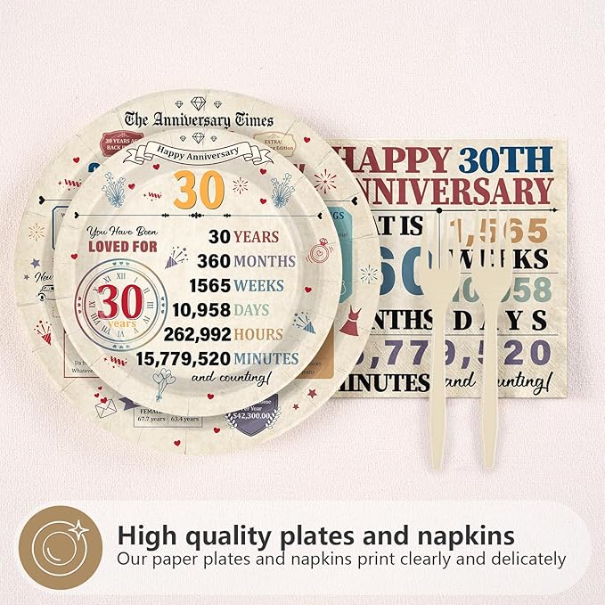 96Pcs 30th Anniversary Party Decorations Retro 30 Years Plates and Napkins 30th Anniversary Disposable Tableware Set for Vintage 30 Year Wedding Company Party Supplies Serves 24