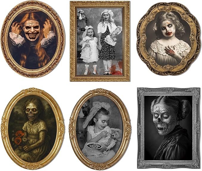 Scary Halloween Party Decoration Indoor Home Wall Decor, 3D Changing Face Moving Picture Portrait Frame, for Horror Spooky Party Supplies Castle Haunted House Decor(Style C, 6 Pieces)