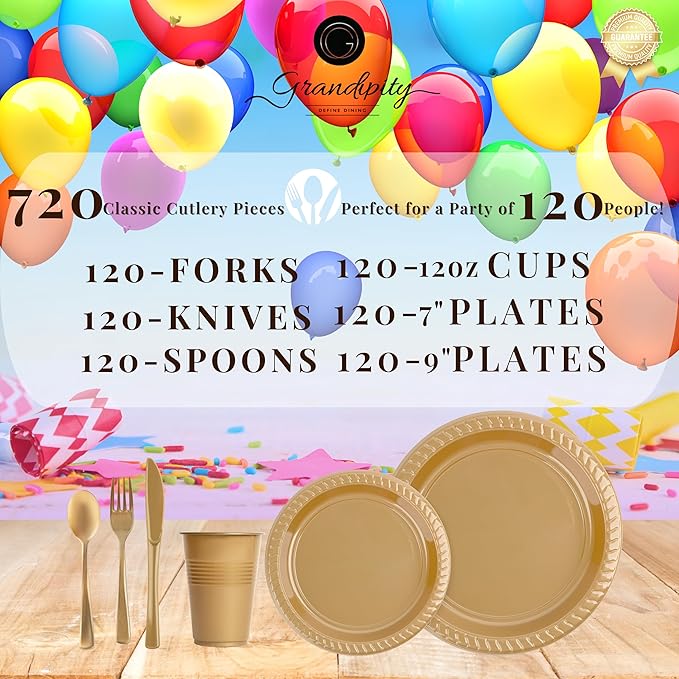 720 Piece Gold Disposable Dinnerware Set (120 Guests) Plastic Dinnerware Set Disposable - 120 Count, 9" Dinner Plates, 7" Dessert Plates, 12oz Cups, Forks, Knives & Spoons- Plastic Party Plates Set