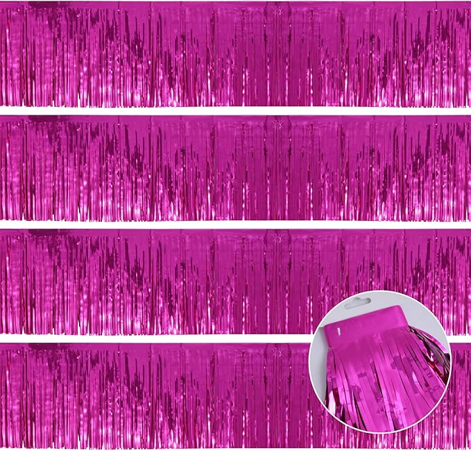 Hot Pink Birthday Decorations Tinsel Garland Parade Float Decorations for Trailer 4Pack 12FT Christmas Party Decor Ceiling Fringe Banner Pink Backdrop for Streamers Party Decorations