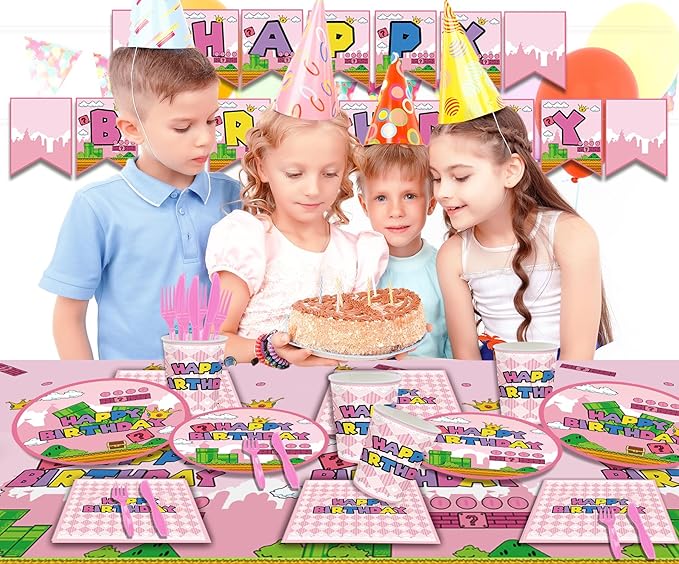 122Pcs Super Bros Peach Party Disposable Tableware Supplies Girls Princess Birthday Table Decoration Kit for 20-Guests Includes Banner, Tableloth, Plates, Cups, Napkins, Forks and Knives
