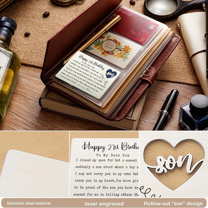 Happy 21st Birthday Wallet Insert for Son from Mom, Stainless Steel Laser-Engraved Postcard with Heart Cutout, Adult Son Birthday Gift, Sentimental Pocket Keepsake for Milestone Celebration QBK10