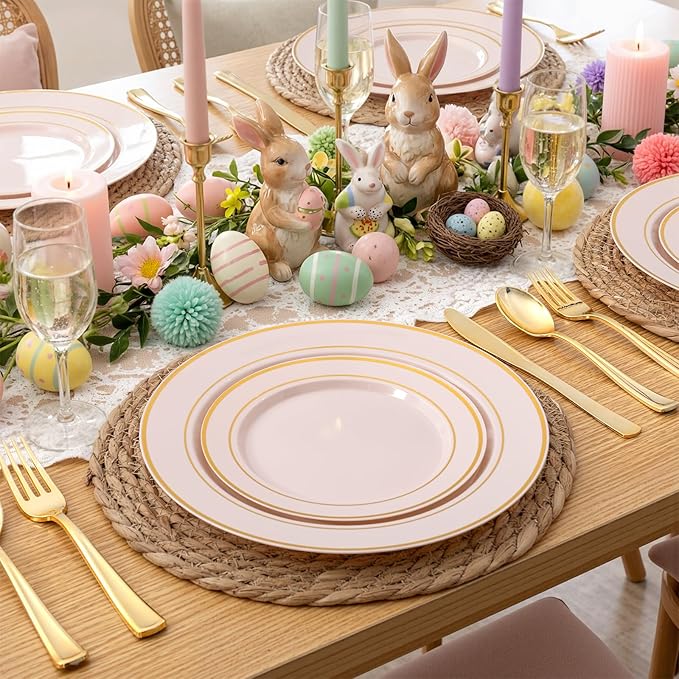 350PCS Pink Disposable Plates - Pink Plastic Plates 50Guests Plastic Dinnerware Sets with Rolled Napkins for Wedding/Birthday/Baby shower/Easter