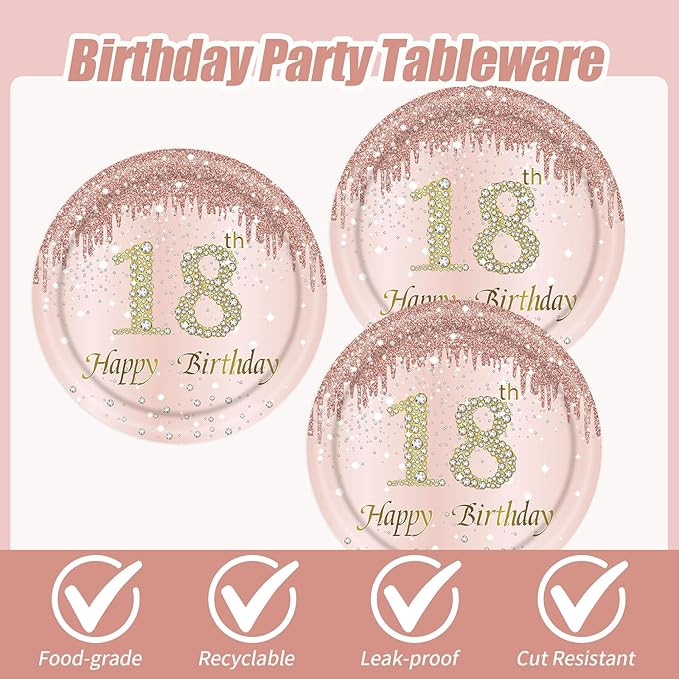 18th Rose Gold Birthday Plates and Napkins, 9 Inch Pink Rose Gold Disposable Dinner Dessert Plates Happy 18th Birthday Party Supplies Decorations for Girls Women
