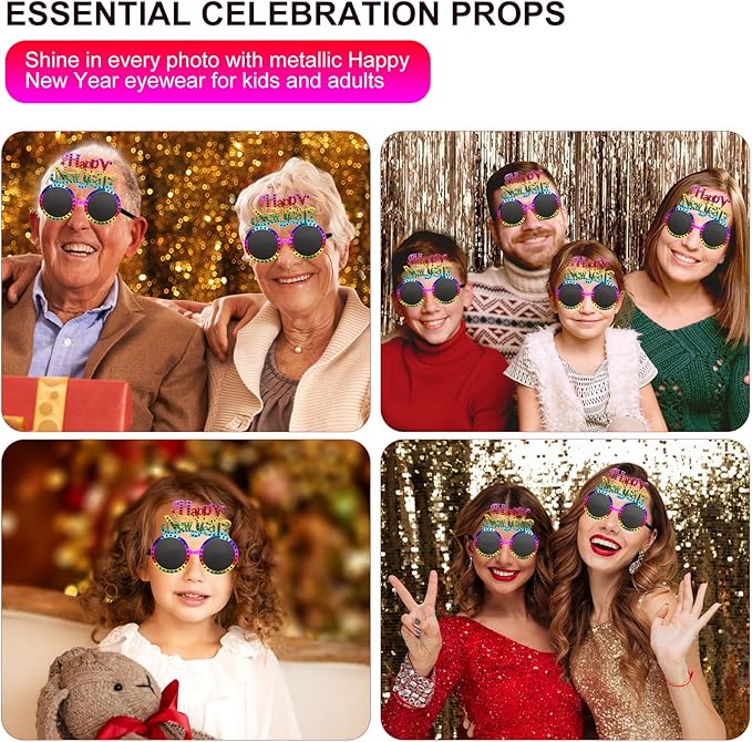 Happy New Year Metallic Glasses Shiny 2026 Party Eyeglasses for Adults & Kids Fun NYE Accessories & Photo Booth Props