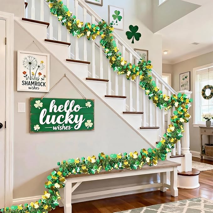 50FT St Patrick's Day Tinsel Garland, Green Gold Shamrock Clover Garland, Shiny Metallic Hanging Shamrock Streamer St Patricks Day Decorations Irish Decor