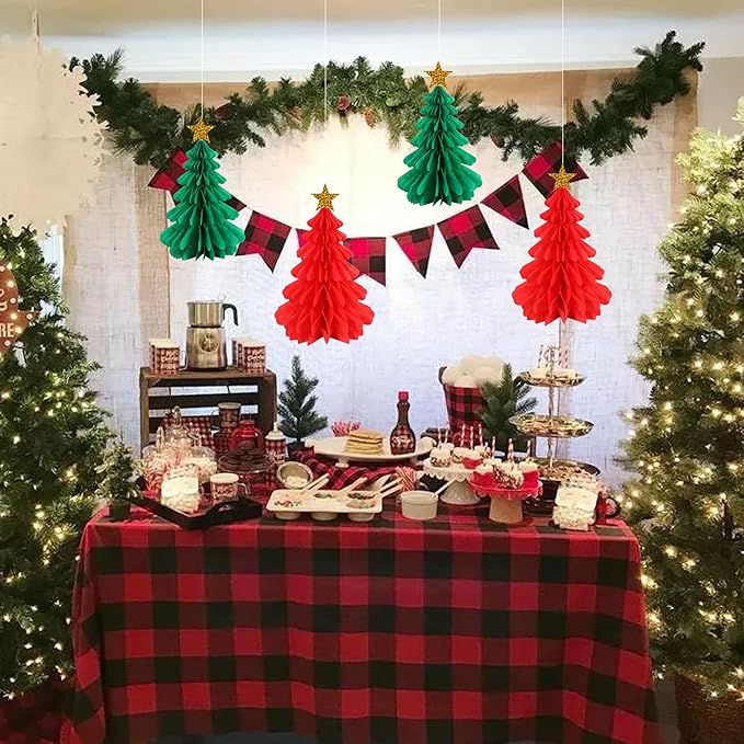 BEISHIDA Red Green Christmas Decorations, 4 Pcs 3D Christmas Honeycomb Centerpieces for Tables, Tissue Paper Tree Garland Xmas Ceiling Hanging Party Decorations for Baby Shower New Year Party Supplies
