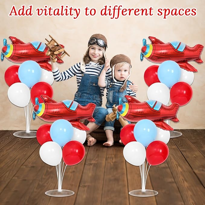 4 Sets Airplane Birthday Party Balloons Stand Kit with 4 Plane Helicopter Foil Balloons Red Blue White Theme Party Balloon Centerpiece for Table for Adventure Time Flies Baby Shower Parties Decoration