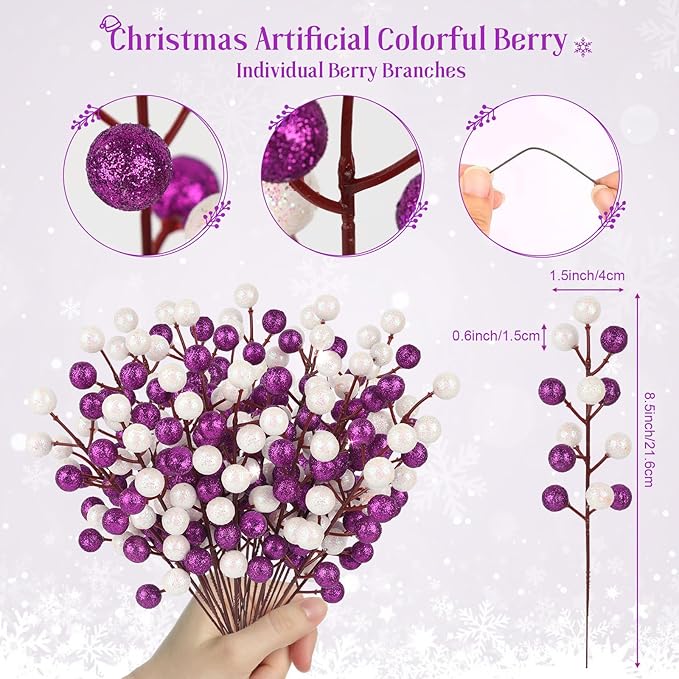 HOHOTIME 24 Pack Artificial Berry Stems Branches, Christmas Faux Purple White Holly Colorful Berries Branches Ornaments for Christmas Tree Wreath DIY Craft Decorations Holiday Home Decor