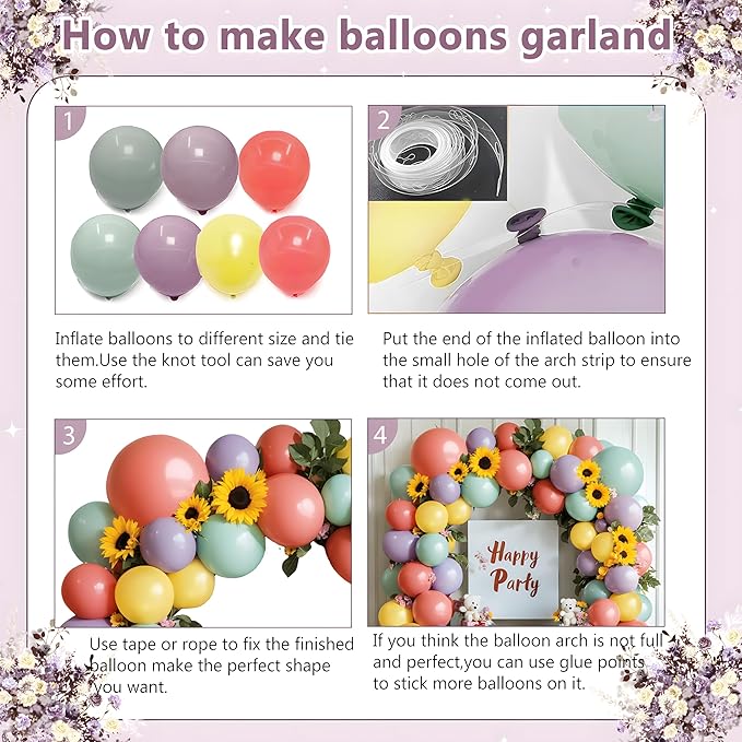 Dusty Green Purple Yellow Coral Balloons Arch Kit, Double Stuffed Sage Fog Green Pastel Yellow Red Light lavender Balloon Garland Kit for Birthday Floral Easter Spring Summer Party Decor