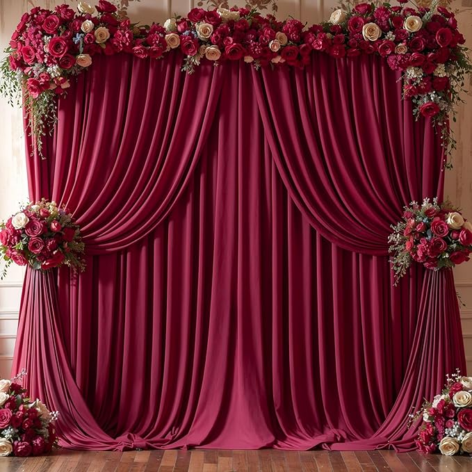 8x10FT Burgundy Backdrop Curtains for Wedding, Wrinkle Free Polyester Photography Backdrop Drapes for Baby Shower Birthday Parties Valentine's Day Stage Background Stand Decorations 4x10ft,2 Panels