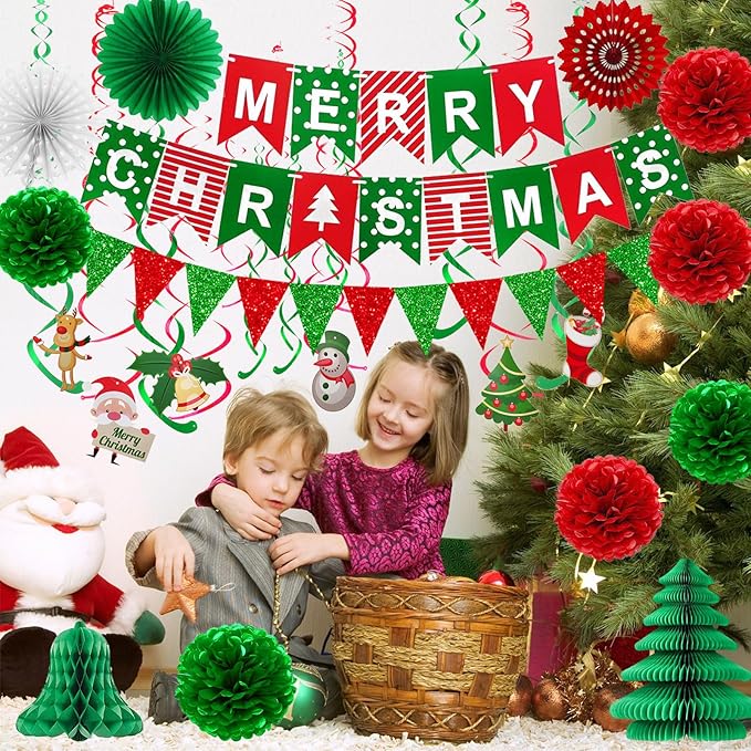 Fecedy MERRY CHRISTMAS Hanging Paper Banner Pom poms Paper flower Fan Swirl Streamers&Christmas tree Santa Claus Banner For Merry Christmas Party Decorations