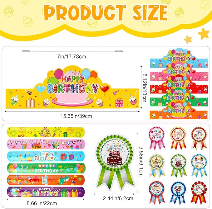 Yunsailing 108 Pcs Happy Birthday Party Supplies for Kids Include 36 Birthday Paper Crowns 36 Badge Stickers and Slap Bracelets for Classroom School Party Supply(Bright Color)