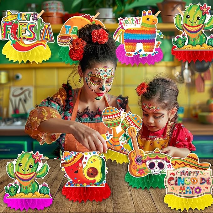 JULMELON 8PCS Cinco De Mayo Party Decorations, Mexican Fiesta Table Decorations Honeycomb Centerpiece for Mexican Theme Taco Party Birthday Supplies Fiesta Taco Bar Party Decor