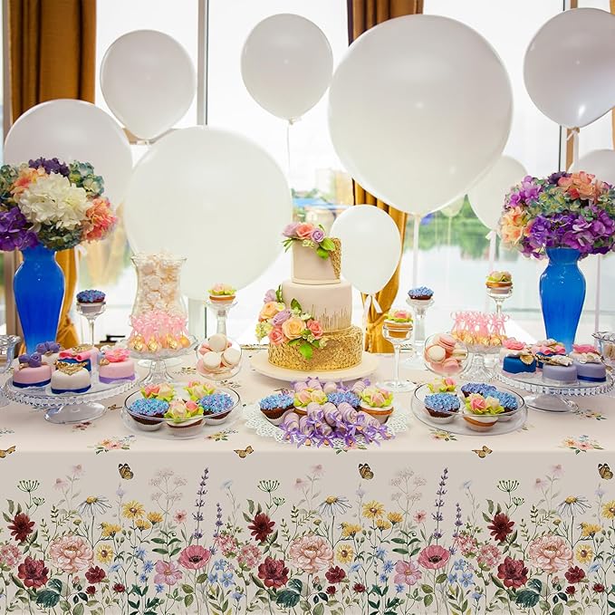 6 Pcs Spring Floral Tablecloth, Butterfly Wildflower Plastic Disposable Tablecloth Rectangle Table Covers for Easter, Birthday, Wedding, Mothers Day Tea Party Supplies and Decorations,54 x 108 Inch