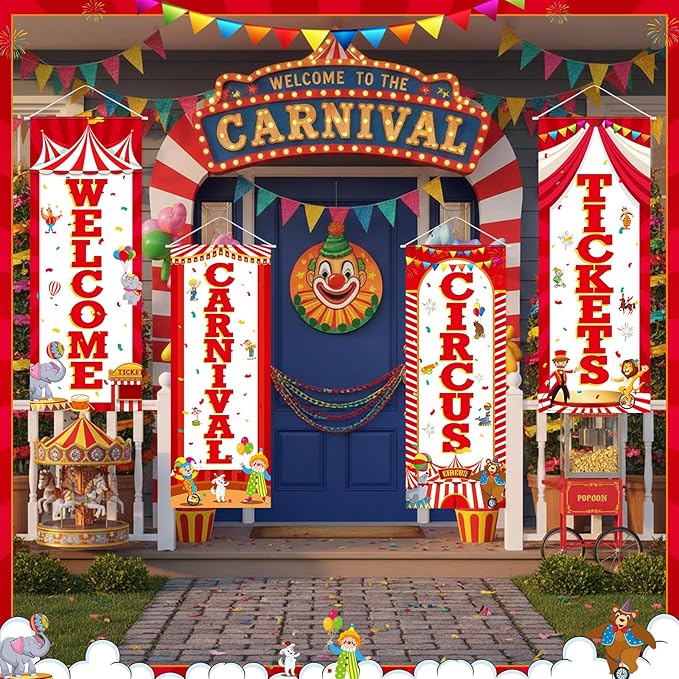 Panelee 4 Pcs Carnival Circus Party Decorations Welcome Carnival Circus Tickets Porch Banner Hanging Backdrop for Halloween Birthday Baby Shower Door Wall Indoor Outdoor Decor