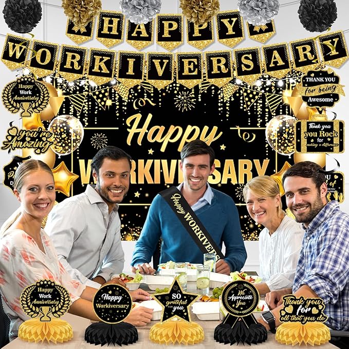 Black Gold Happy Workiversary Decorations Happy Work Anniversary Banner Honeycomb Centerpieces Hanging Swirls Tissue Paper Pompoms Sash Set for Men Women Office Employee Appreciation Party Supplies
