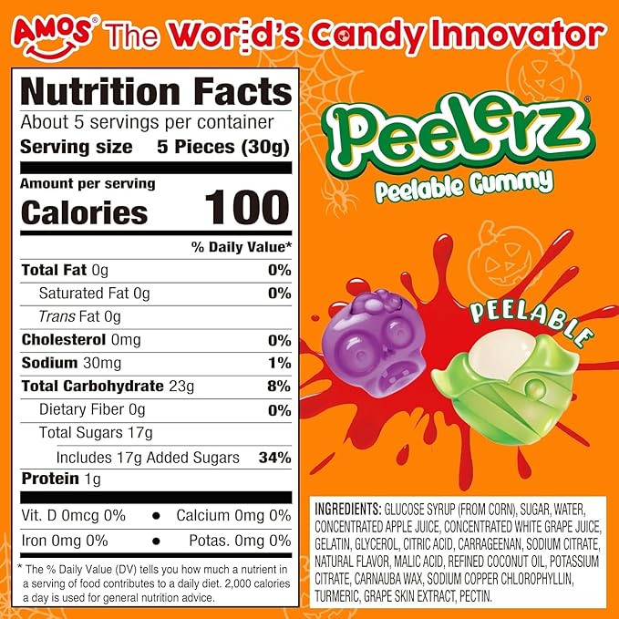 AMOS Halloween Candy Pumpkin Jar Bucket – Peelable Gummy Mummy & Zombie Shapes, Individually Wrapped, 5.29oz