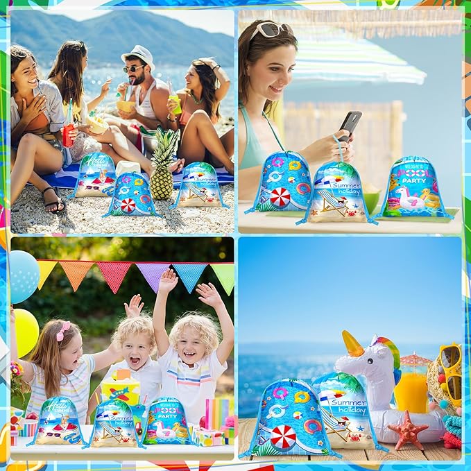 Capoda 24pcs Pool Party Favors Bags Summer Beach Drawstring Bags Hawaiian Backpacks Swimming Pool Decoration for Summer Birthday Beach Hawaiian Supplies
