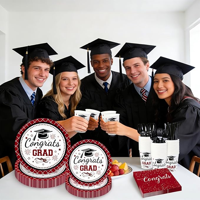 Whaline 175 Pcs Graduation Paper Plates and Napkins Set Dinnerware Maroon Congrats Grad Disposable Tableware Cups and Cutlery for 25 Guests Graduates Party Supplies