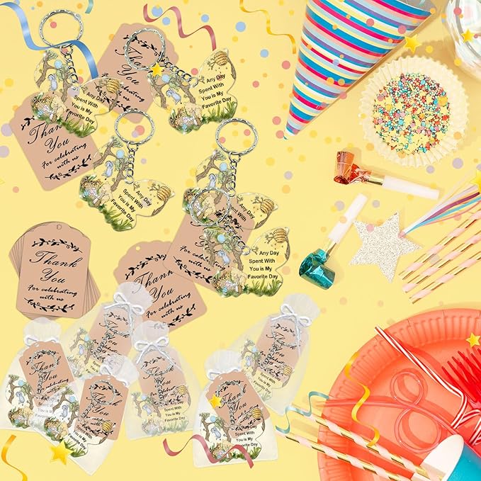72 Pack Winnie Party Favors with Butterfly Shaped Keychains, 24 Acrylic Keychains, 24 Tags and 24 Gift Bags for Winnie Animal Themed Party